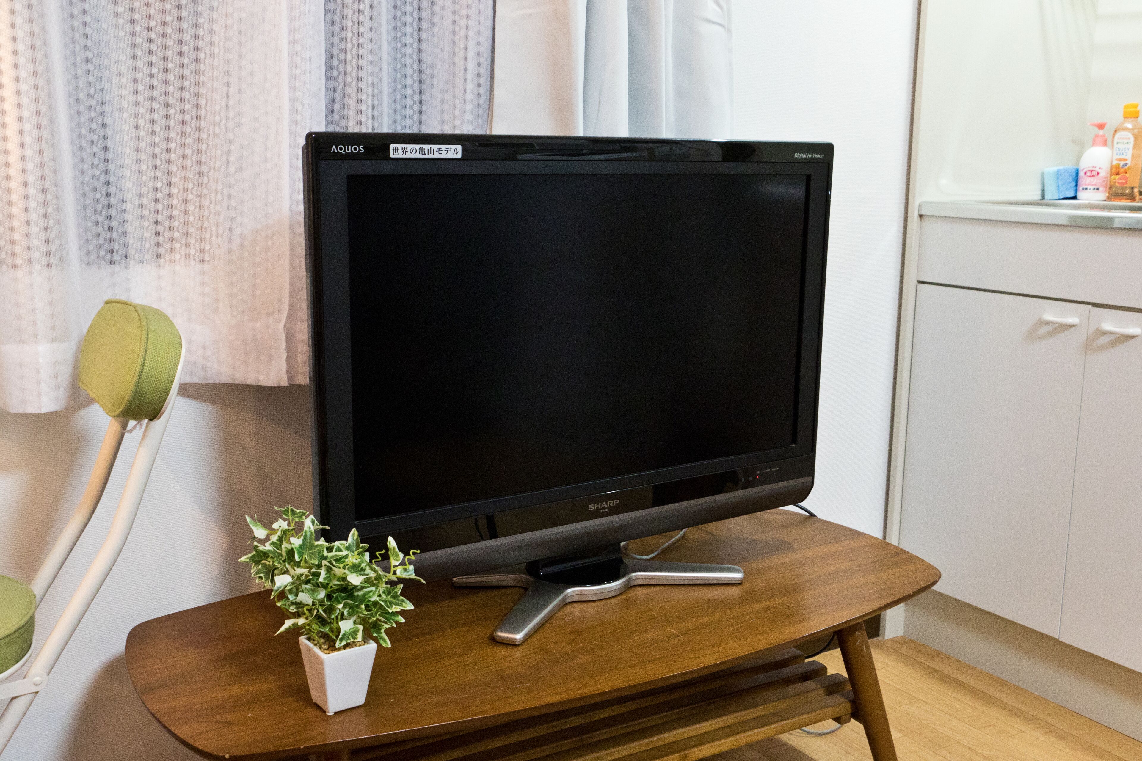 En tv-apparat med platt skärm står på ett träställ, och bredvid den finns en liten krukväxt.