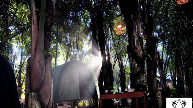 A tented area with a table and chairs, surrounded by trees and natural light filtering through. - Tegal Dukuh Camp (Taro)