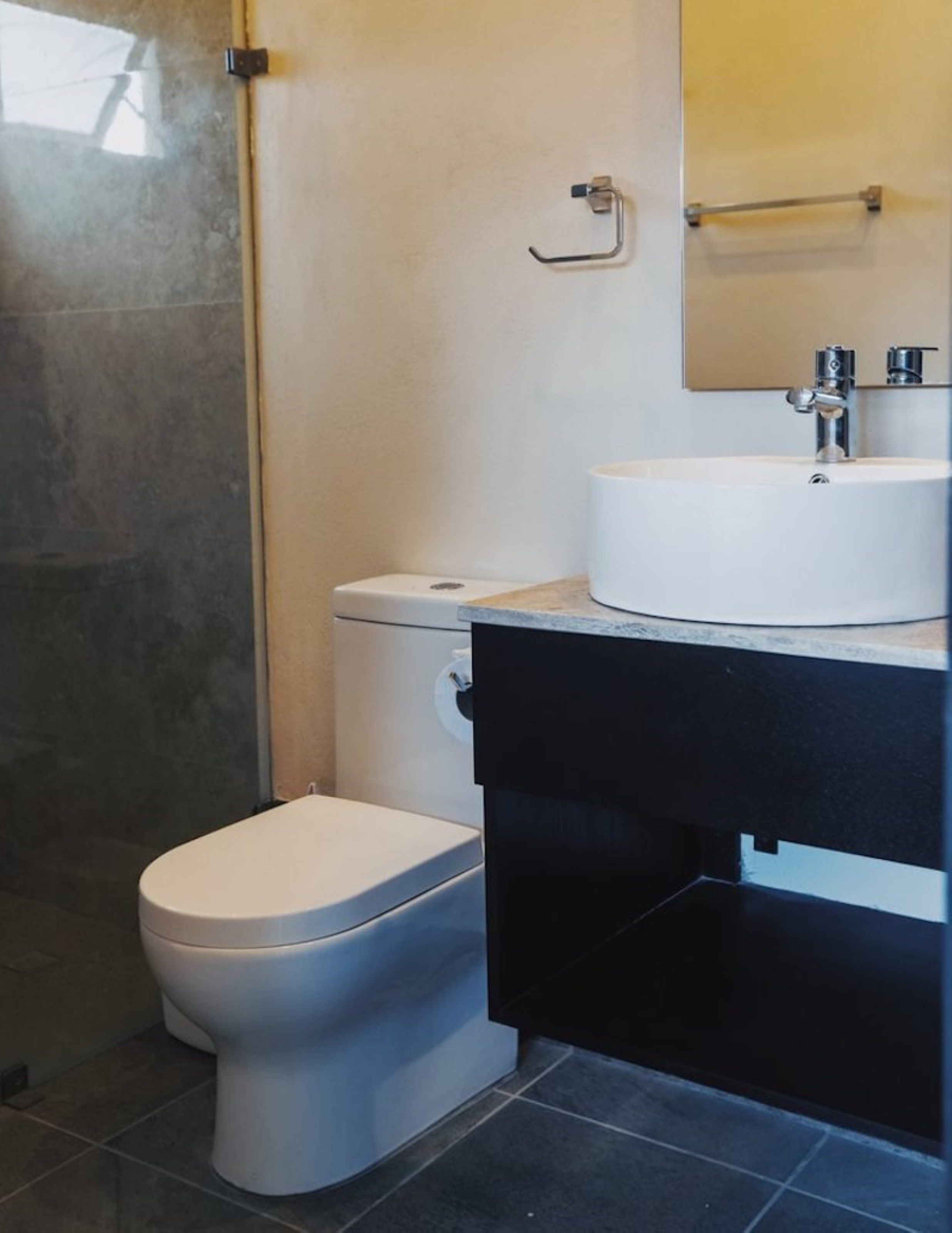 A modern bathroom with a toilet, a sink, and a mirror.