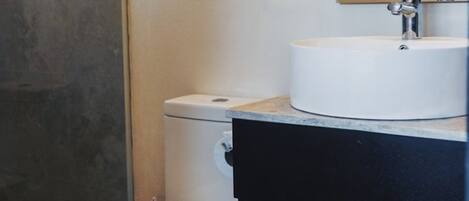 A modern bathroom with a toilet, a sink, and a mirror.