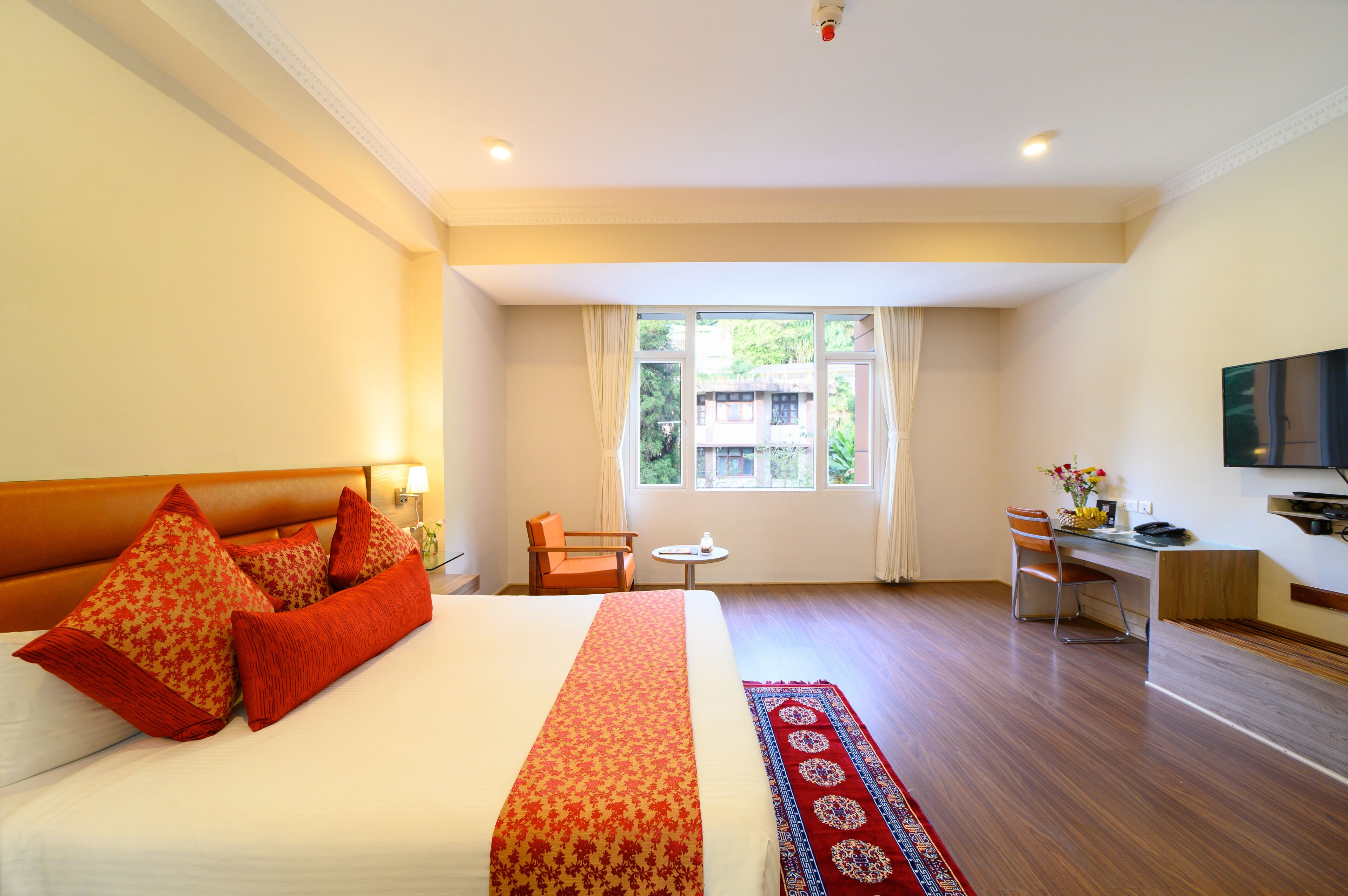Une chambre d’hôtel avec un grand lit, un bureau, une chaise, une télévision et une fenêtre donnant sur un paysage verdoyant.