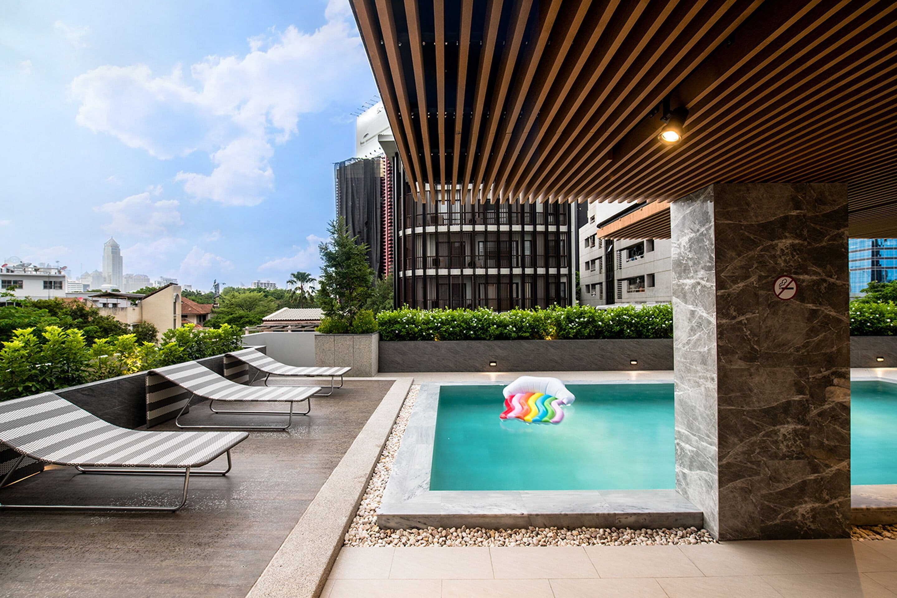 outdoor pool, pool loungers