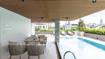 Outdoor pool, pool loungers