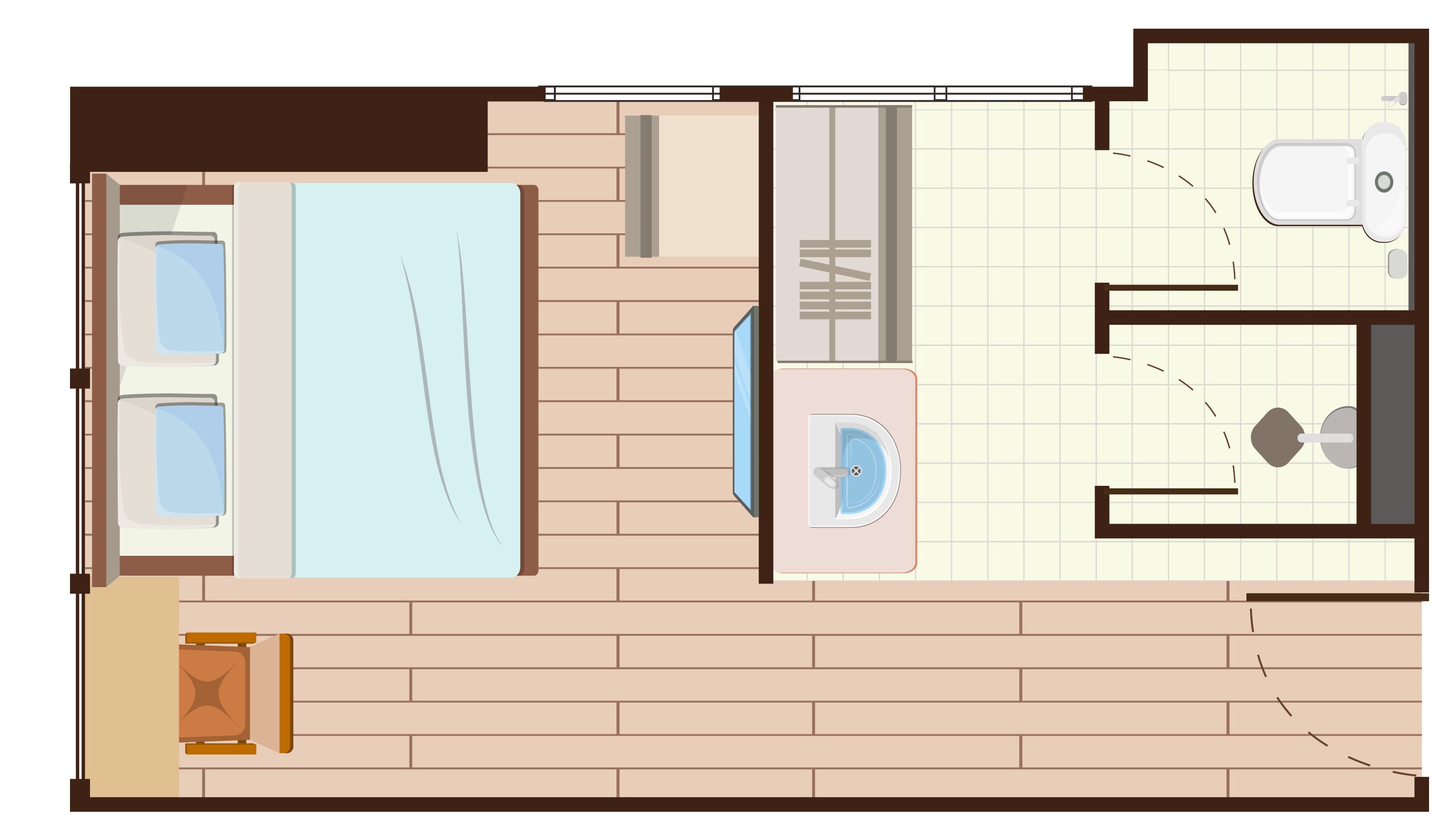Un plan d’aménagement de chambre d’hôtel comprenant un lit, une salle de bain, un petit coin salon et une vue sur la mer.