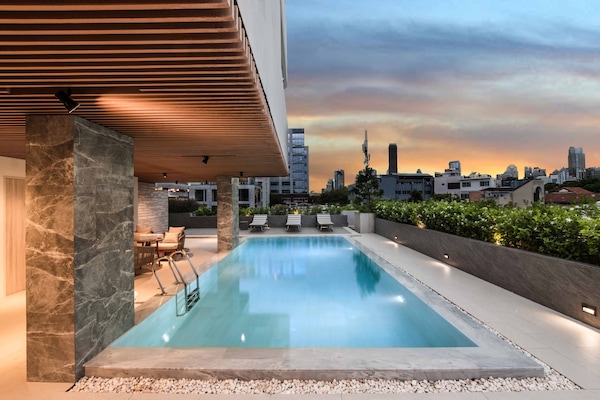 Outdoor pool, pool loungers
