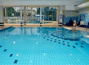 Outdoor pool, pool umbrellas, pool loungers