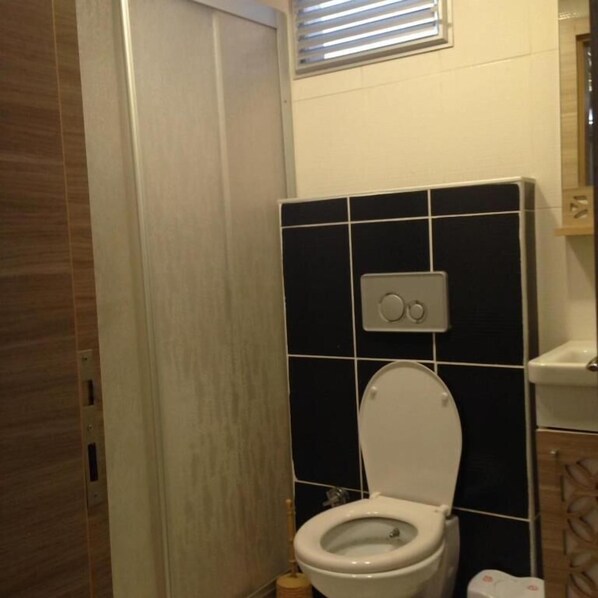 Une salle de bain équipée de toilettes, d’un bidet et d’un sèche-mains.