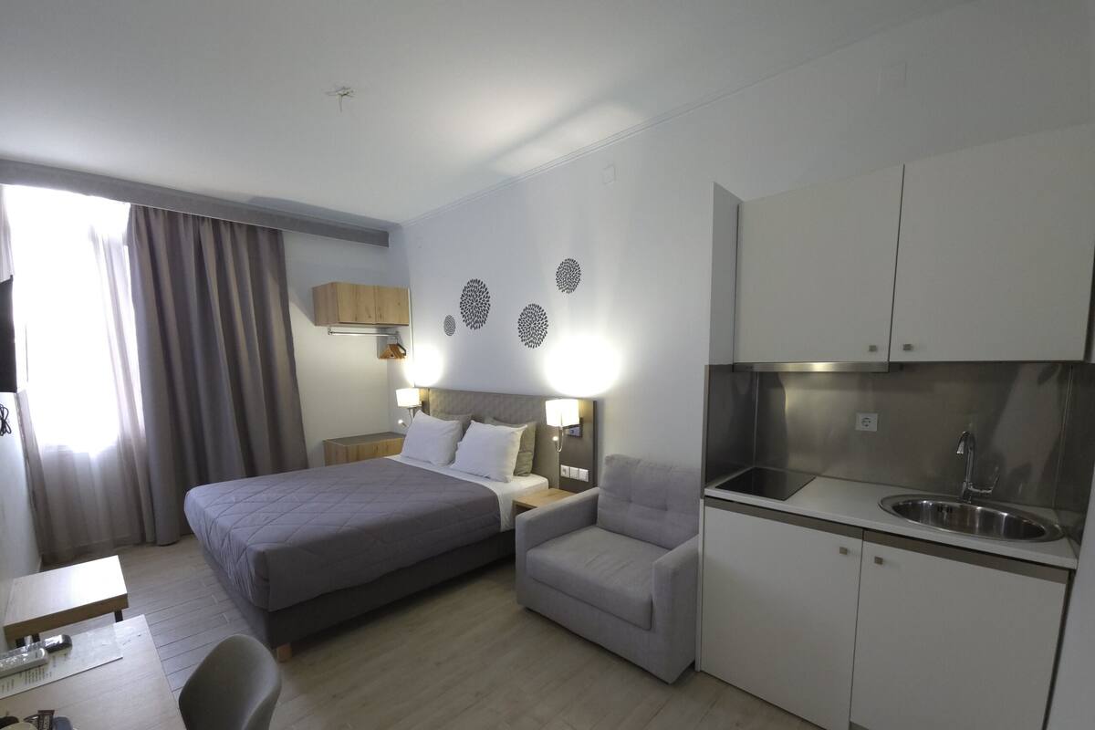 Habitación de hotel con cama, una silla, un escritorio, una mesita de noche, una lámpara de pared, una zona de cocina con fregadero y armarios, y decoración en la pared.