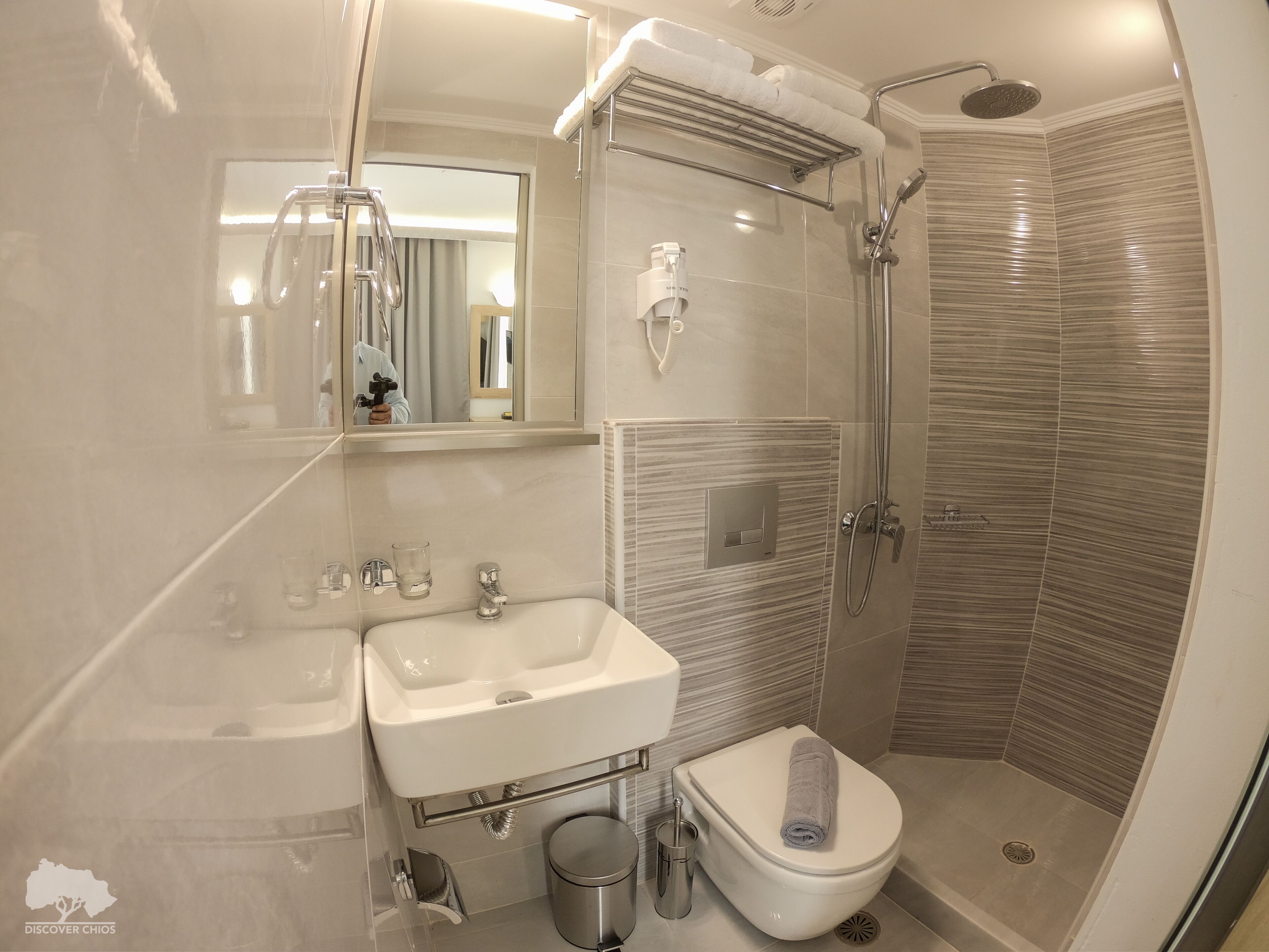 Shower, rainfall showerhead, designer toiletries, hair dryer
