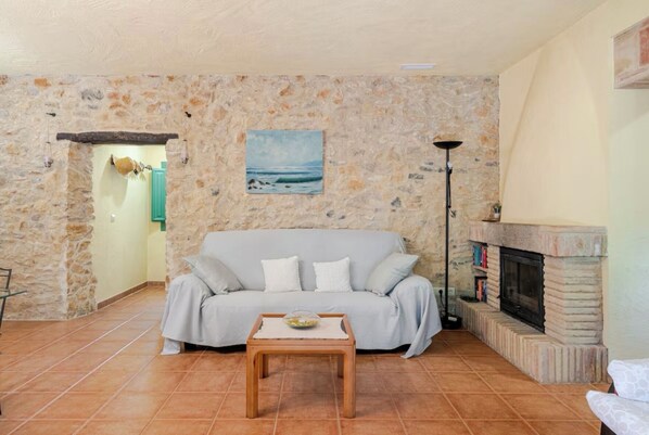 Smart TV, fireplace, DVD player, books