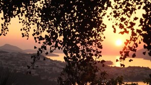A sunset view with silhouettes of trees and a distant cityscape. - Rooms on Konalu (Dubrovnik)