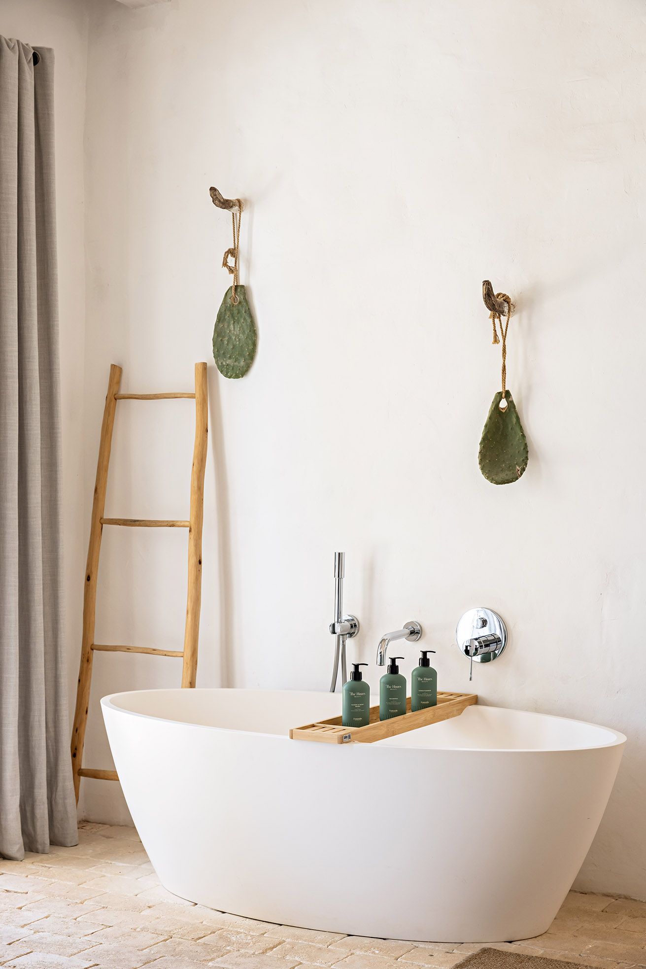 Une salle de bain avec une baignoire sur pieds, une échelle en bois et deux plantes fixées au mur.
