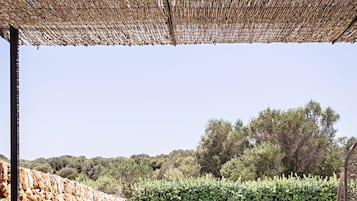 An outdoor seating area with a pool view, furnished with sofas and a table with food and drinks.