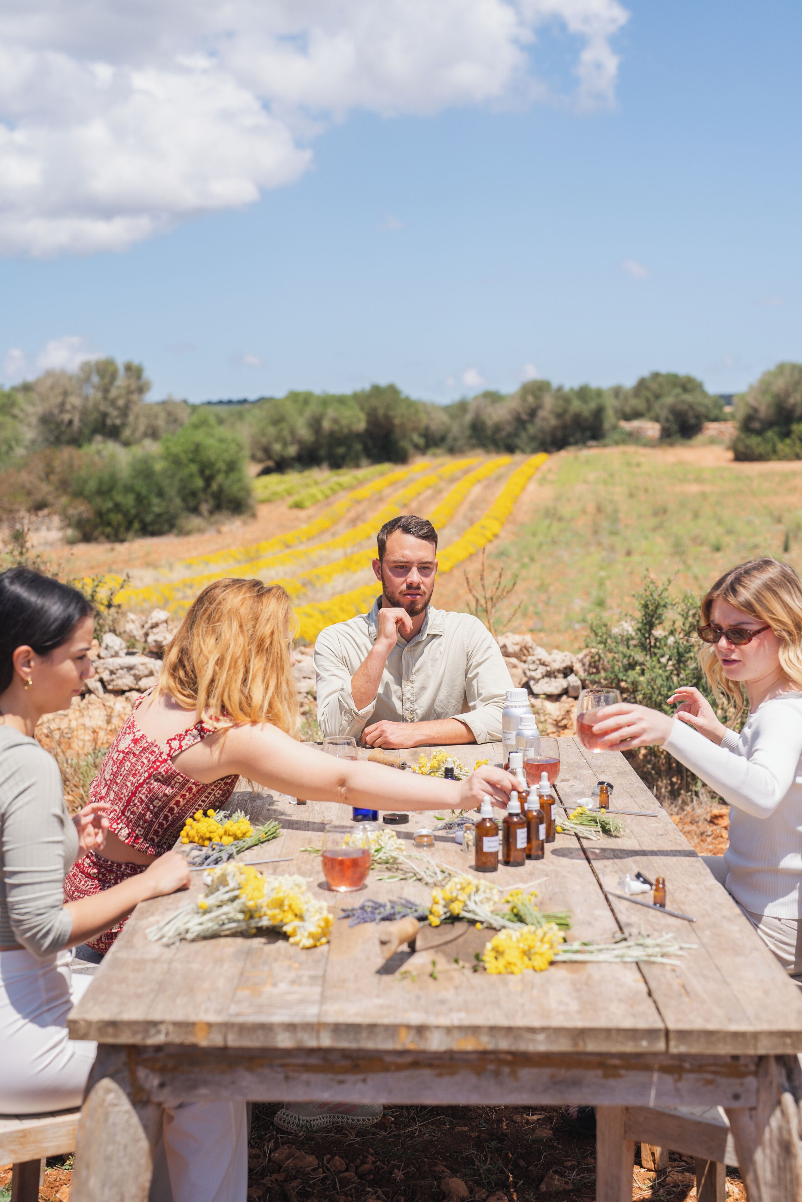 Un grupo de personas sentadas en una mesa de madera al aire libre, con un viñedo al fondo.