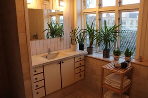 Ducha, secador de pelo, piso con calefacción en el baño, toallas