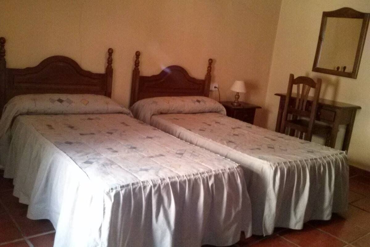 Una habitación con dos camas individuales, una mesita, una silla y un espejo en la pared.