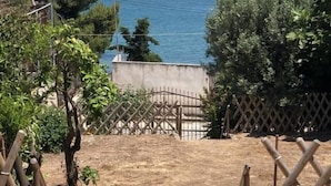 A coastal view with a dirt path leading to a wooden gate, surrounded by greenery and a clear blue sea. - Areos Galaxy Apartments With Beach View (Spata-Artemida)