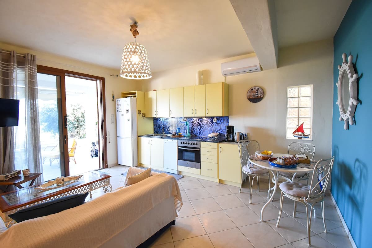 Un espace de vie compact comprenant un coin cuisine, un coin repas et un canapé.