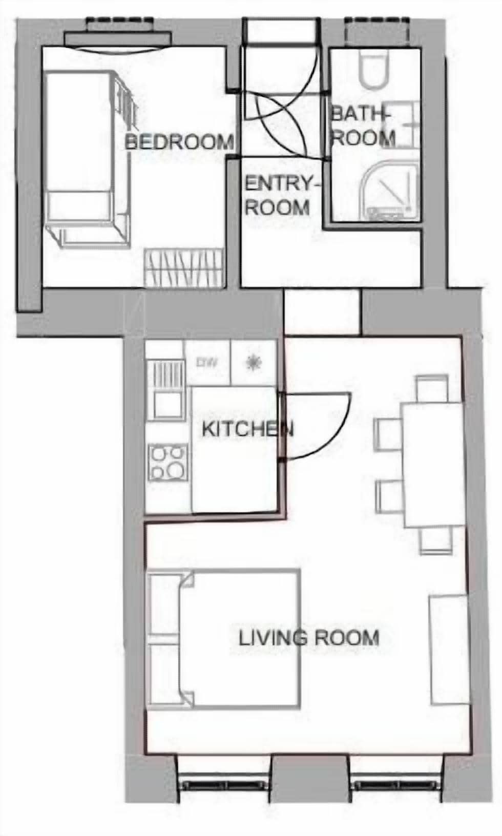 A floor plan with a bedroom, bathroom, entry room, kitchen, and living room.