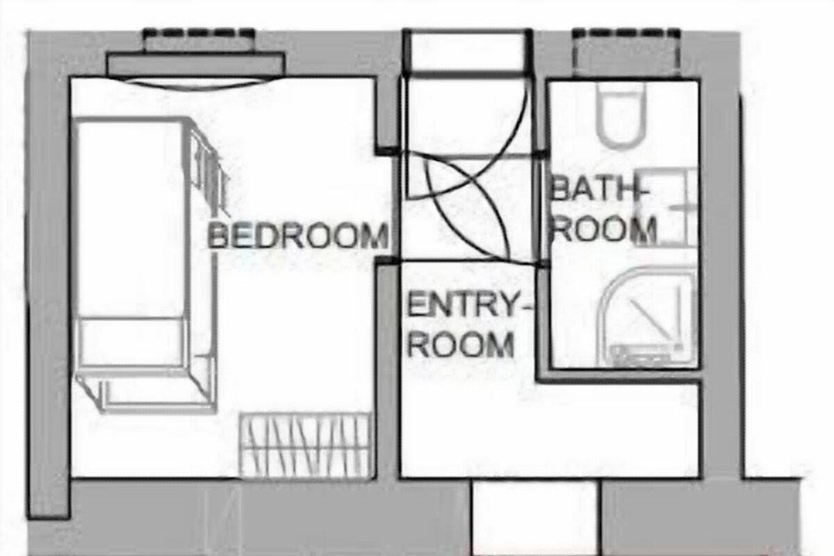 A floor plan with a bedroom, bathroom, entry room, kitchen, and living room.