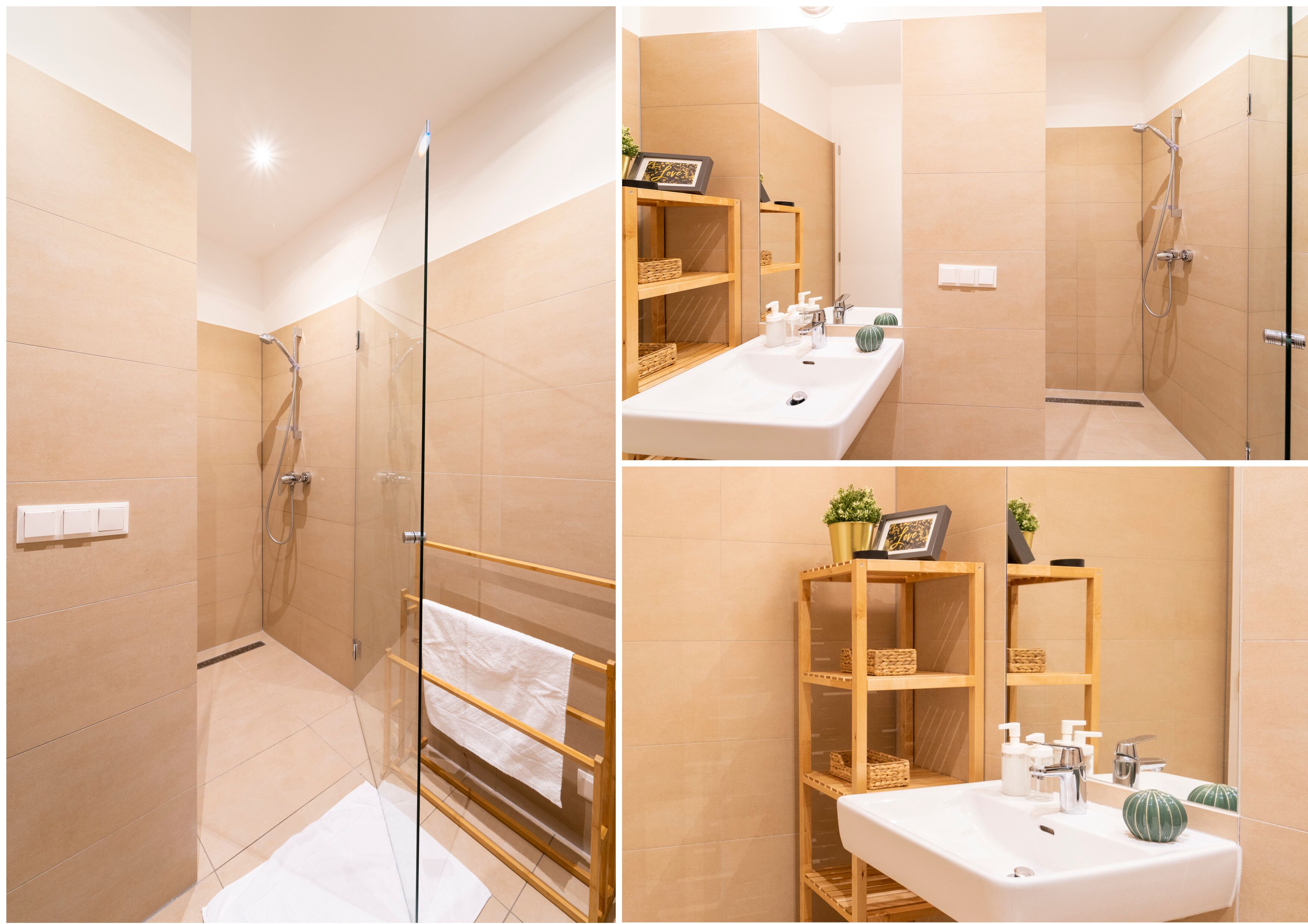 Ein modernes Badezimmer mit einer gläsernen Duschkabine, einem weißen Waschbecken mit Holzschubladen und einem Spiegel darüber.