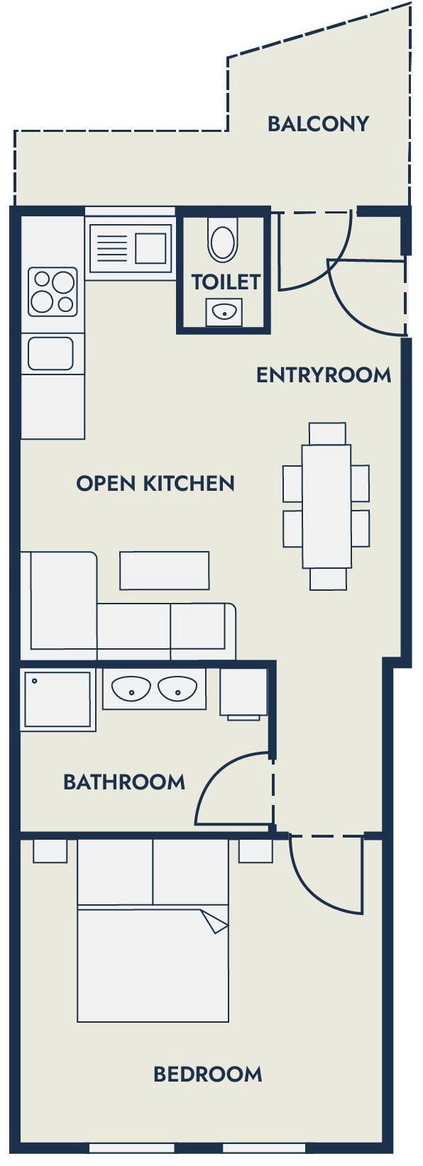 A floor plan with a balcony, entryway, open kitchen, bathroom, and bedroom.