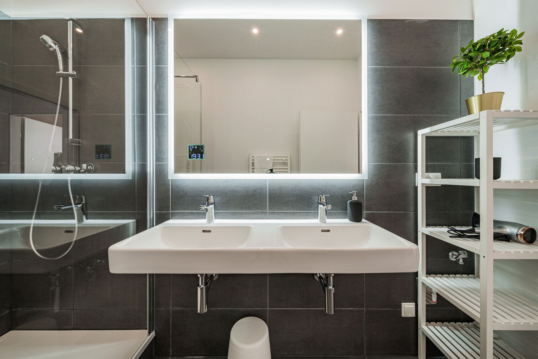 Une salle de bain moderne avec deux lavabos, une douche, un grand miroir et une plante en pot.