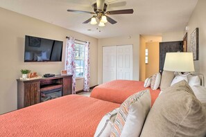 2 bedrooms, memory-foam beds, laptop workspace, iron/ironing board