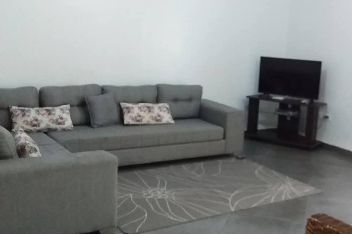 Una sala de estar con un sofá gris, un televisor de pantalla plana sobre un mueble bajo y una alfombra estampada.