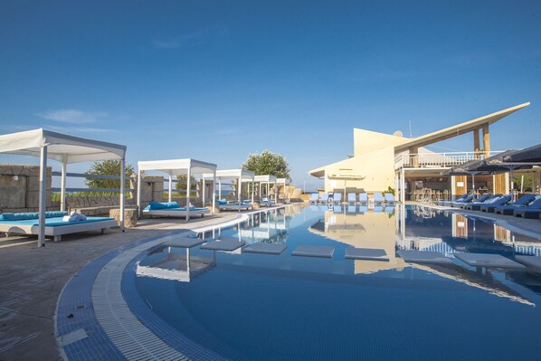 Seasonal outdoor pool, pool umbrellas, pool loungers