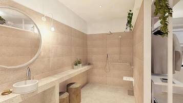 Regadera, amenidades de baño ecológicas, secadora de cabello, toallas