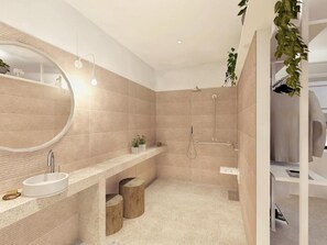 Douche, articles de toilette écologiques, sèche-cheveux