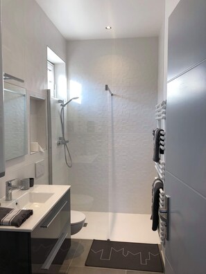 Shower, hair dryer, towels, toilet paper