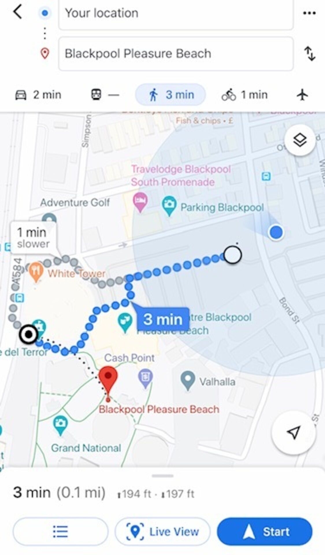 A map with a route marked from 'Your location' to 'Blackpool Pleasure Beach' with estimated travel times.