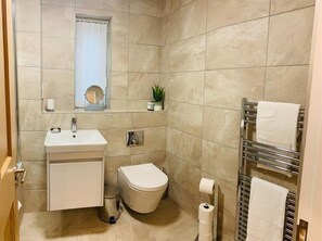 A bathroom with a sink, toilet, and towel rack.