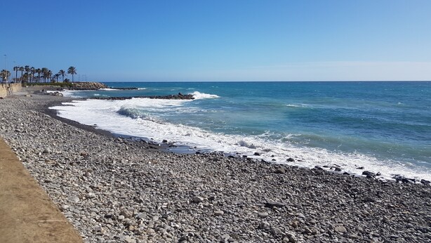 A rocky beach with waves, palm trees, and a clear sky. - DINOABBO FARMHOUSE APP. OLIVE TREES CITR:008033-AGR-0001 CIN IT008033B5JCTY5SHI (Lucinasco)