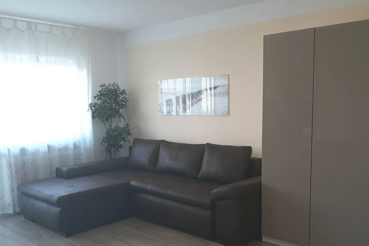 A living room with a brown leather sofa, a large mirror on the wall, and a wardrobe.