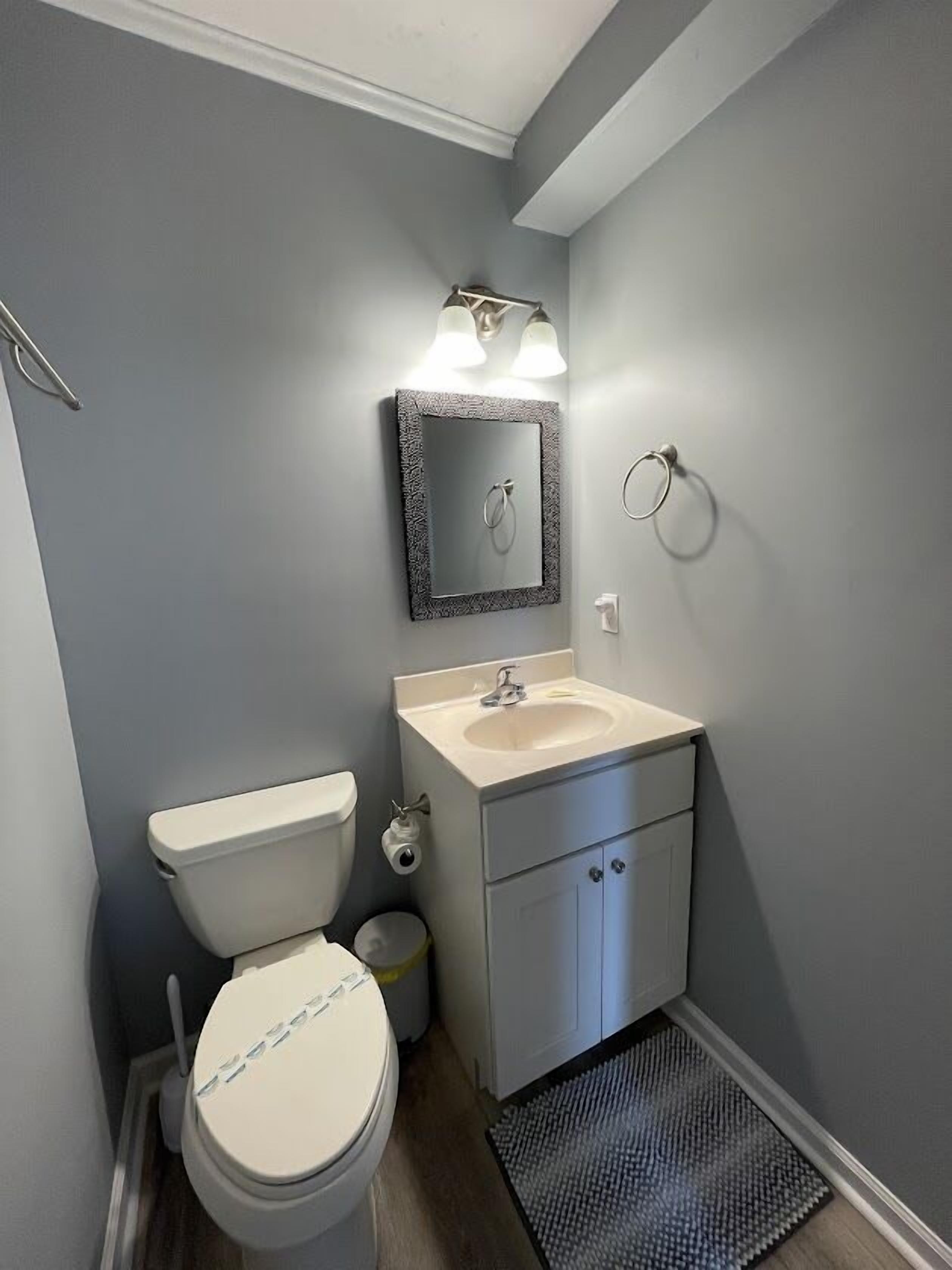 A bathroom with a toilet, sink, and mirror.