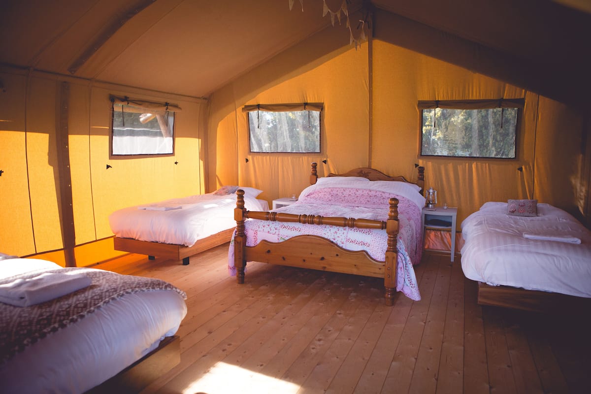 A cozy room with three wooden beds, each with white bedding and a wooden headboard. There are two windows providing natural light, and a small bedside table with a lamp on one of the beds.