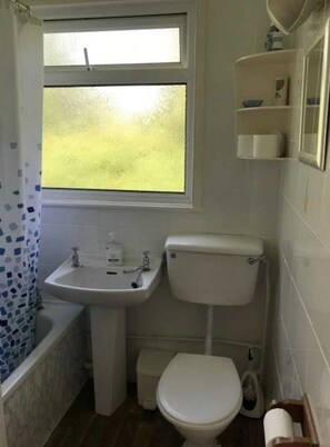 Bathroom features a toilet, sink, and window above the sink.
