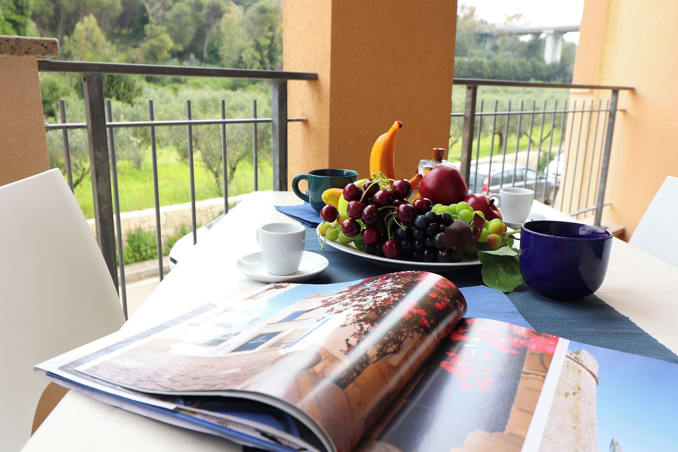A table with a magazine, a plate of fruit, and two cups on a balcony overlooking greenery.
