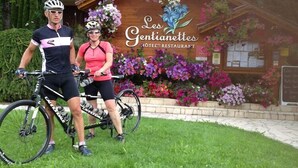 Hotel Les Gentianettes, con fachada de madera y macizos de flores al frente.