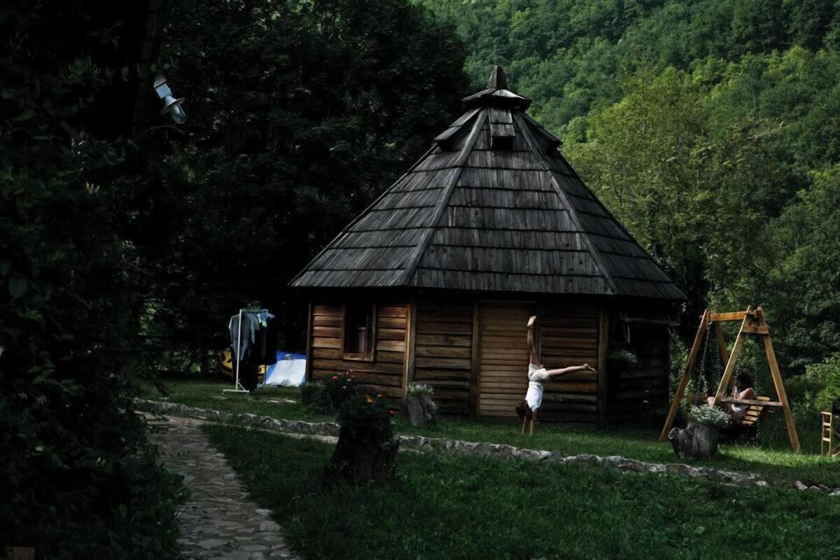 A rustic cabin with a thatched roof, surrounded by lush greenery and a stone pathway.