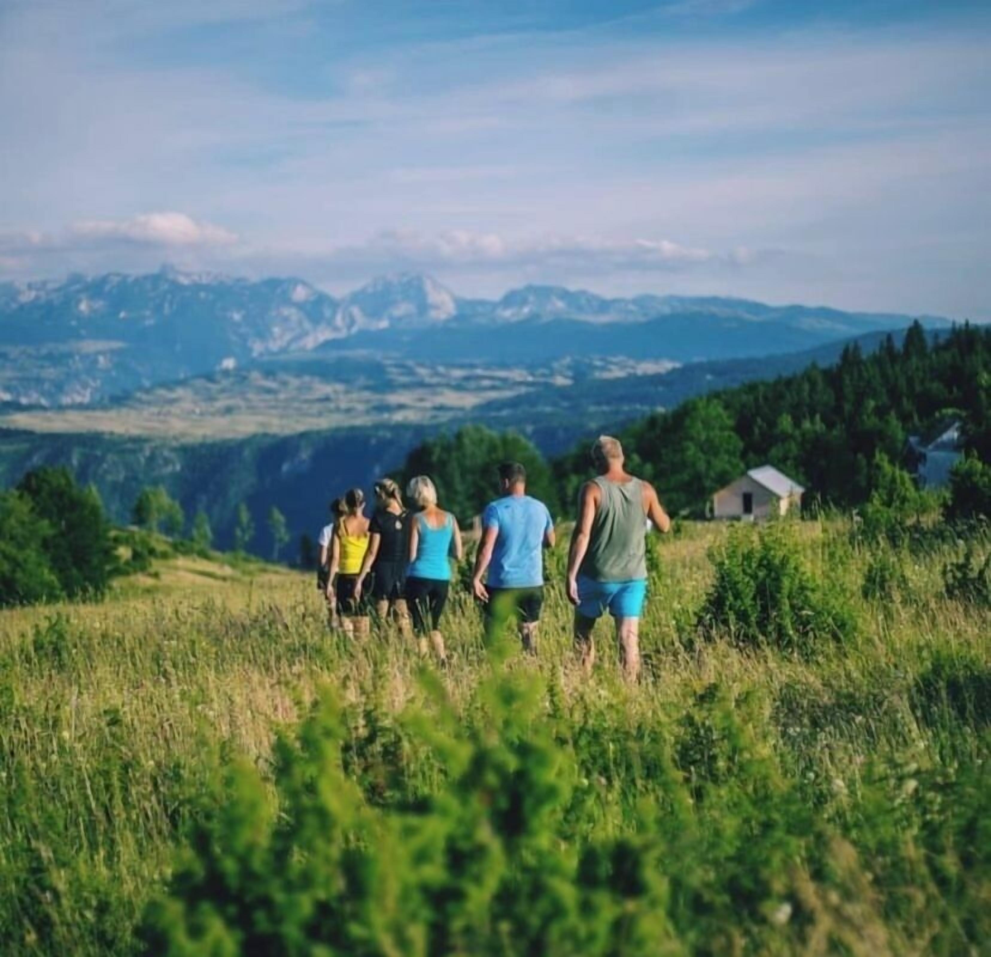 Un gruppo di persone cammina su una collina erbosa con vista su una montagna sullo sfondo.