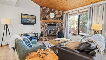 Televisión, chimenea, reproductor de DVD y oficina