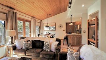 Televisión, chimenea, reproductor de DVD y oficina