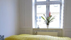 Une pièce avec un lit, une fenêtre et une plante.
