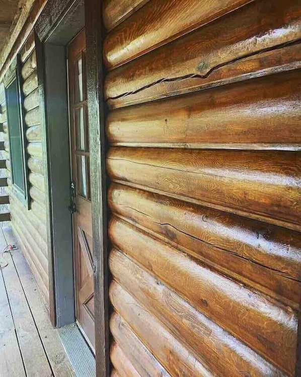 Una cabaña de madera con una puerta y una ventana.