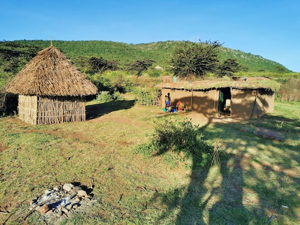 A rural setting with traditional huts, a dirt path, and a grassy area. - Olonyori Maasai House (Maasai Mara)