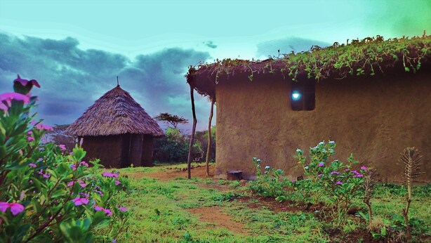 A rural setting with a thatched-roof hut and a mud house with a light fixture. - Olonyori Maasai House (Maasai Mara)